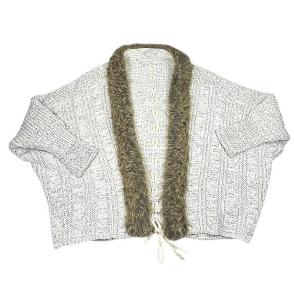 Northern Angel Chunky Knit Cardigan Faux Fur Trim Lace Up Back Tan L
